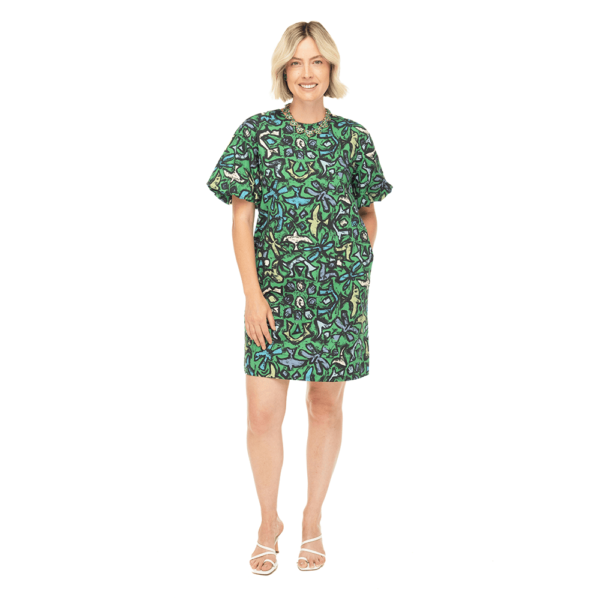 Emma Puff Sleeve Dress GREEN BIRD1