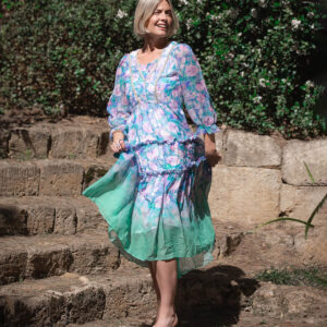 ROSE SILK MAXI DRESSBLUE GREEN FLOWER